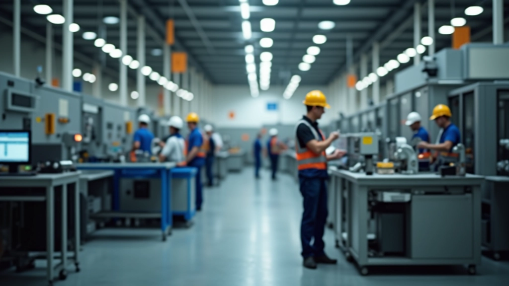 Deutsche Produktionsanlage mit Arbeitern und modernen Maschinen