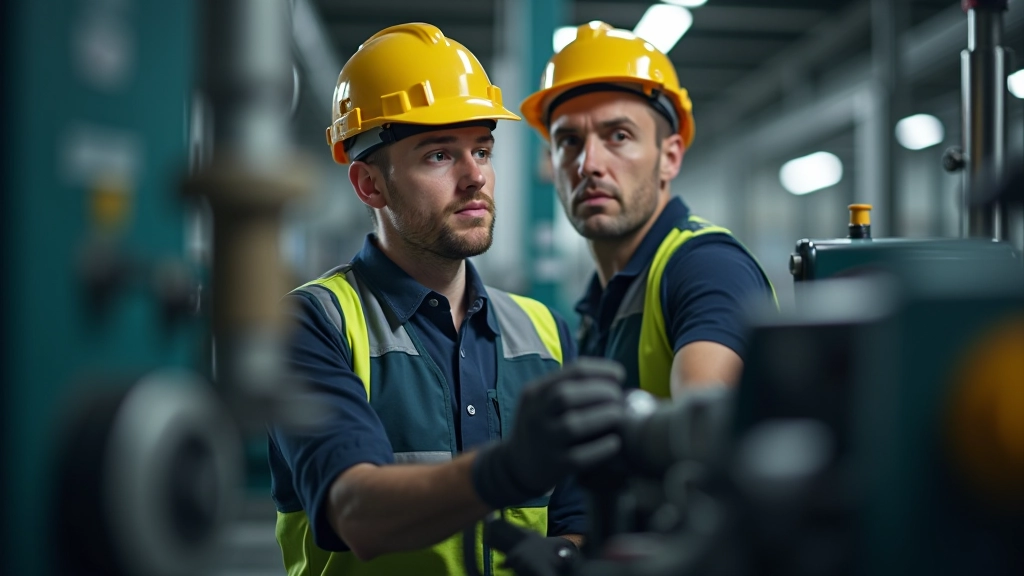 Arbeiter in Fabrik überprüft Produktionsmaschinen während regulärer Arbeitszeit